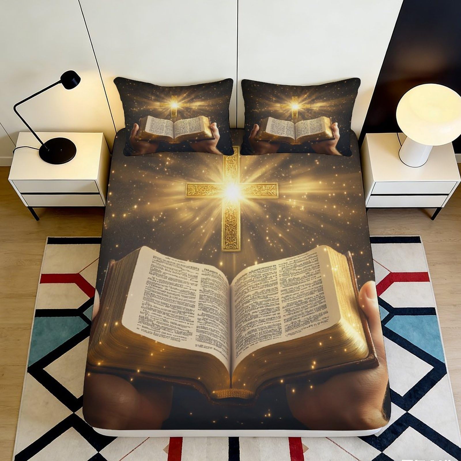 3D Printed Bible Cross Fitted Sheet Microfiber Soft Breathable Religious Bed Cover for Bedroom Dormitory Guest Room Mattress Protection Decor 120x200x25cm