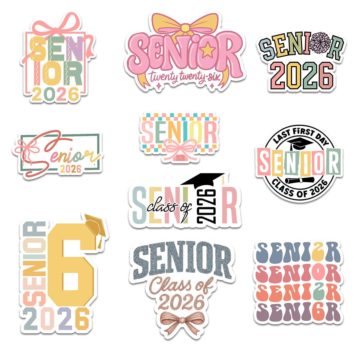 Photo 1 of (10pcs) Senior 2026 Sticker Pack, Cute Girly High School Graduation Stickers for Students, Waterproof Class of 2026 Gift, College Student Laptop Planner Tablet Kindle Car Decor (Senior 15, 3 Inches)