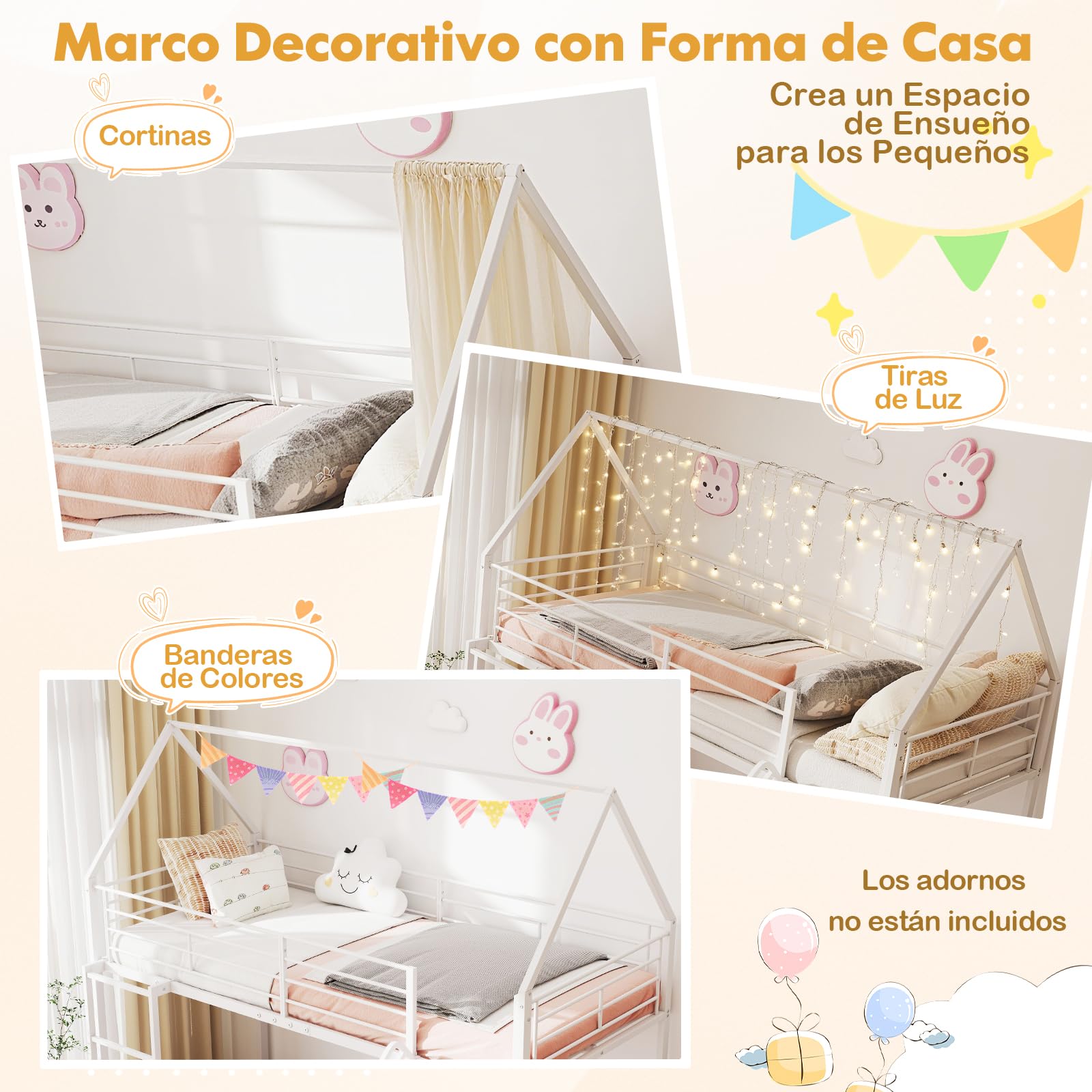 COSTWAY Cama Litera en Forma de Casa con Tobogán, Cama Doble Infantil con Barandilla de Seguridad y Escalera, Cama Alta Robusta con Soporte de Lamas Metálicas, No Requiere Somier, 200 x 90 cm (Blanco)