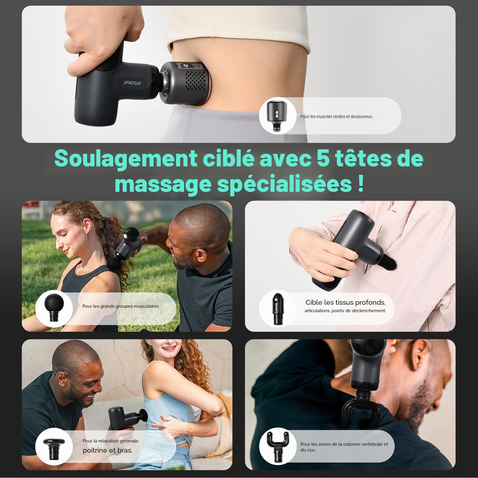 arboleaf Mini Pistolet de Massage Chaud et Froid, 5 Vitesses et 3200 rpm | Pistolet Massage Musculaire Portable, 0,37 kg, 5 Têtes de Massage, avec Étui, pour Soulager les Douleurs du Dos