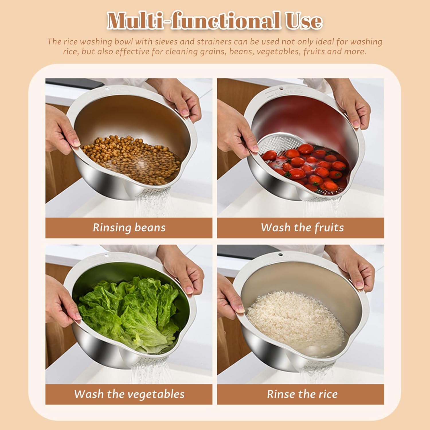 Rice Strainer, 304 Stainless Steel Colander, Multi Functional Rice Washing Bowl Basket with Side Drainers Colander for Fruits Vegetable Kitchen Tools Washer Stainless Steel