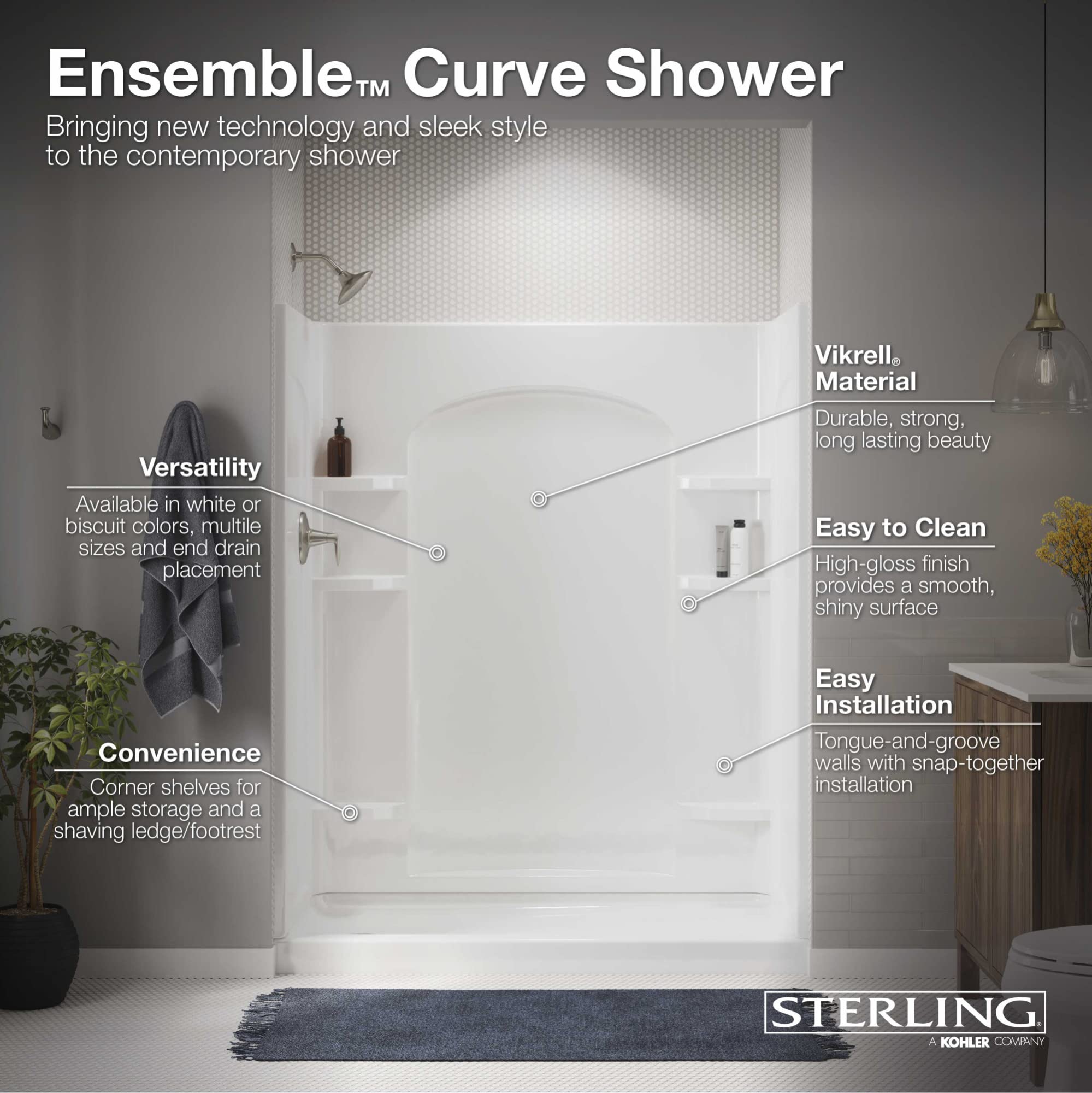 STERLING 72200100-0 Ensemble Shower Kit, 36-Inch x 34-Inch x