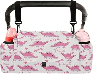 CUPADA Pink Stegosaur Dinosaur Universal Stroller Organizer, Cartoon Dino Princess Stroller Organizer Bag with Cup Holders Removable Shoulder Strap Fits Most Baby and Pet Strollers