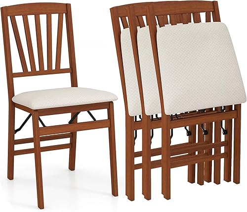 COSTWAY Juego de 4 sillas plegables de comedor, sillas de comedor tapizadas de madera con asiento acolchado de tela, marco de madera maciza y