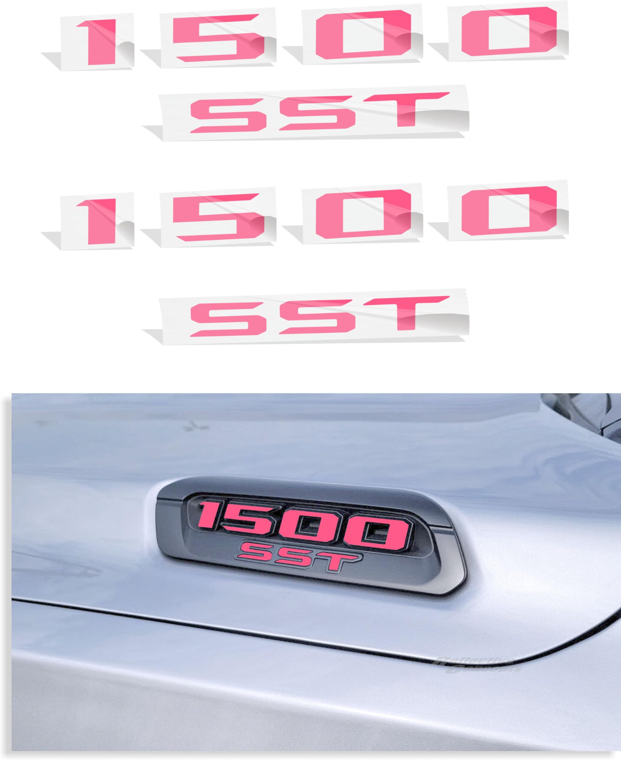 1500 SST Hood Emblem Overlay Decal Stickers - 2025 Ram 1500 Bighorn, Laramie and Warlock w/3.0 I6 Hurricane (Color: Hot Pink)