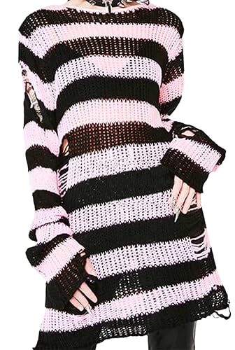 Goth Y2K Striped Sweater Grunge Ripped Punk Gothic Sweaters for Women Harajuku Aesthetic Halloween Pullover Tops - One Size - Pink and Black