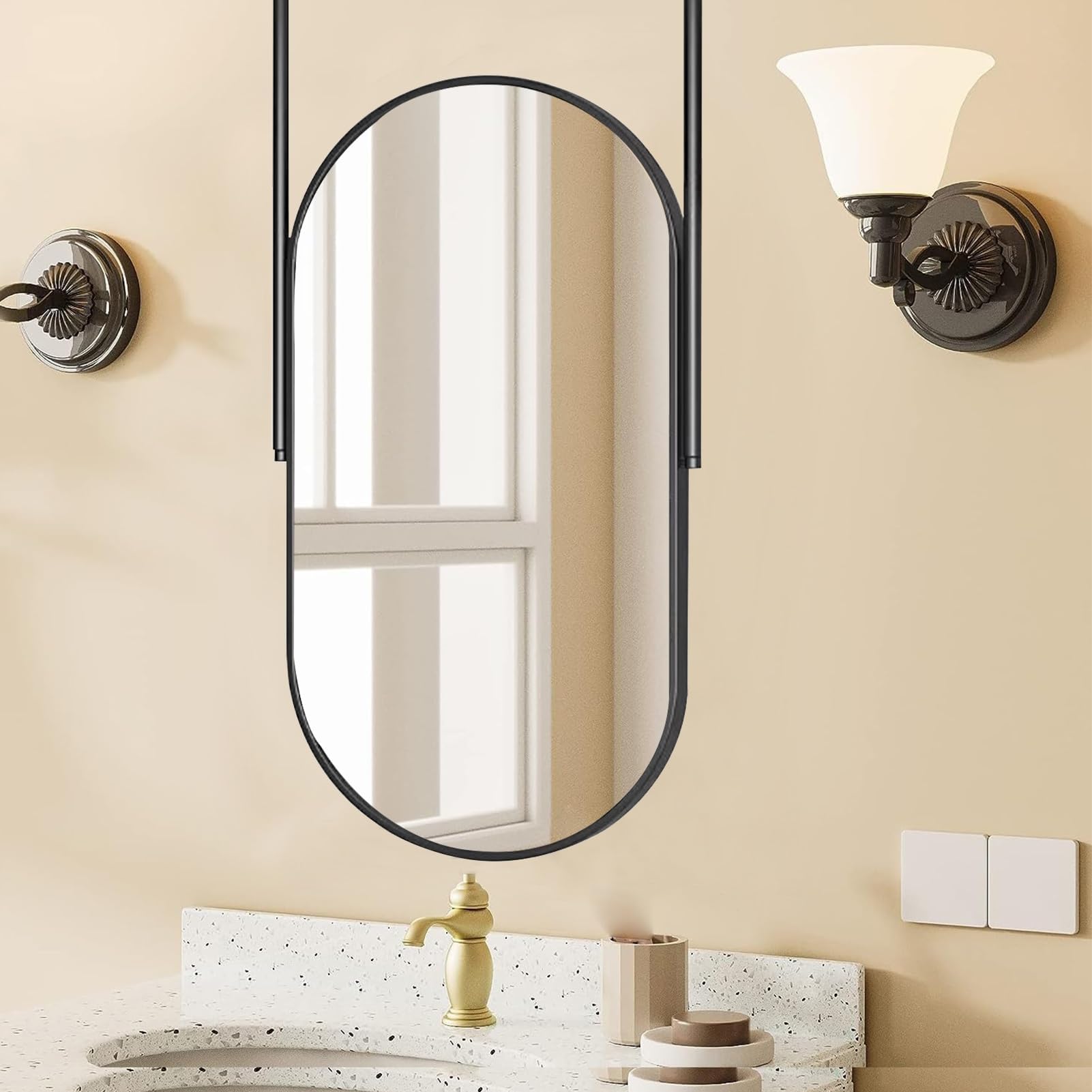 Oval Mirror Ceiling Hanging Rod Mirror Metal Frame Wall Mounted Mirror Bathroom Vanity Make-up Mirrors Floating Decorative Glass Mirrors for Bedroom Living Room Entryway (Size : 50cmx60cm)