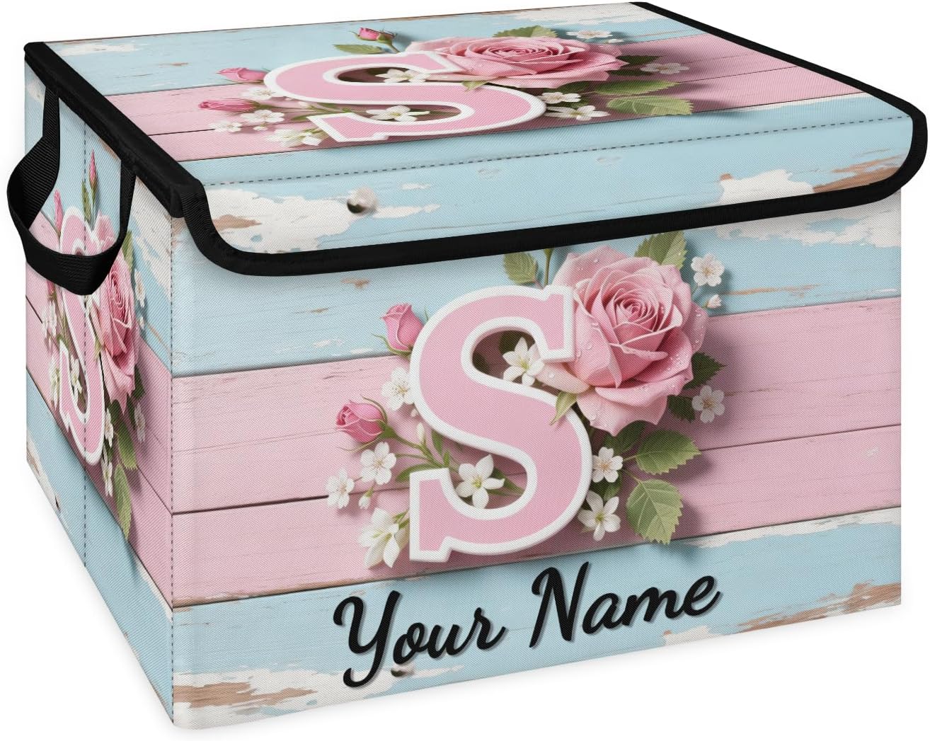 Rose Floral Decorative Storage Boxes with Lid, Custom Storage Boxes with Name, Foldable Fabric Storage Bins Organizer Containers for Home Bedroom Closet