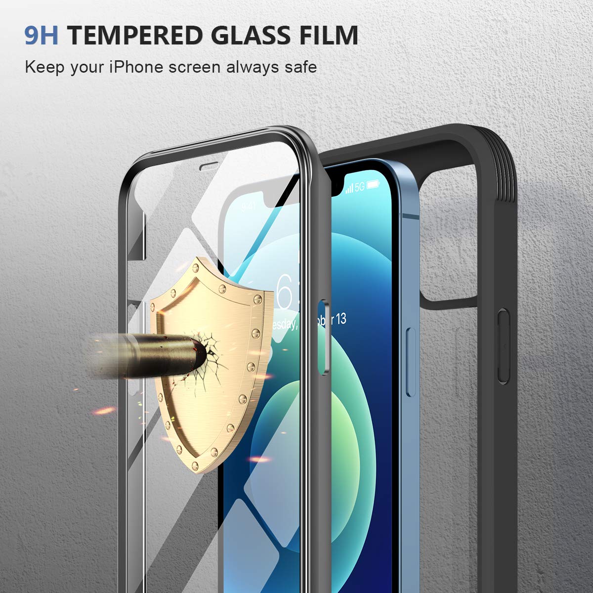 Miracase Custodia a 360 gradi, compatibile con iPhone 12/12 Pro (6,1 pollici), custodia completa con pellicola protettiva in vetro integrata, resistente agli urti, colore nero