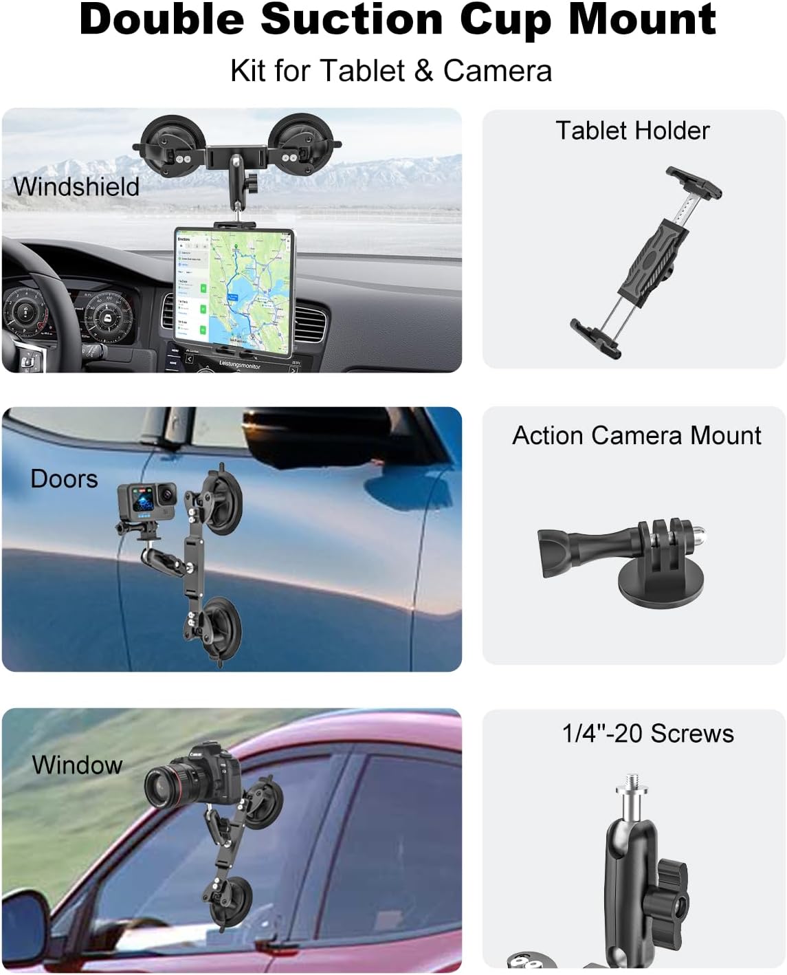 Dual Suction Cup Camera Mount with Metal Ball Head Magic Arm, Heavy Duty Car Mount with Tablet Holder & Action Cam Adapter Compatible with DJI/GoPro/Insta360/iPad, On Windshield, Door Windows