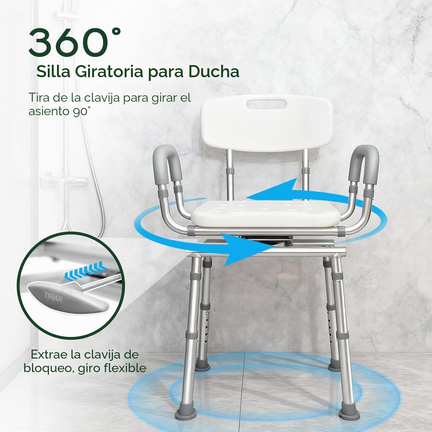Agrish Silla de Ducha Giratoria 360° con Respaldo y Brazos Extraíbles | Altura regulable, base antideslizante y capacidad de 204 kg; ideal para mayores y personas con movilidad reducida
