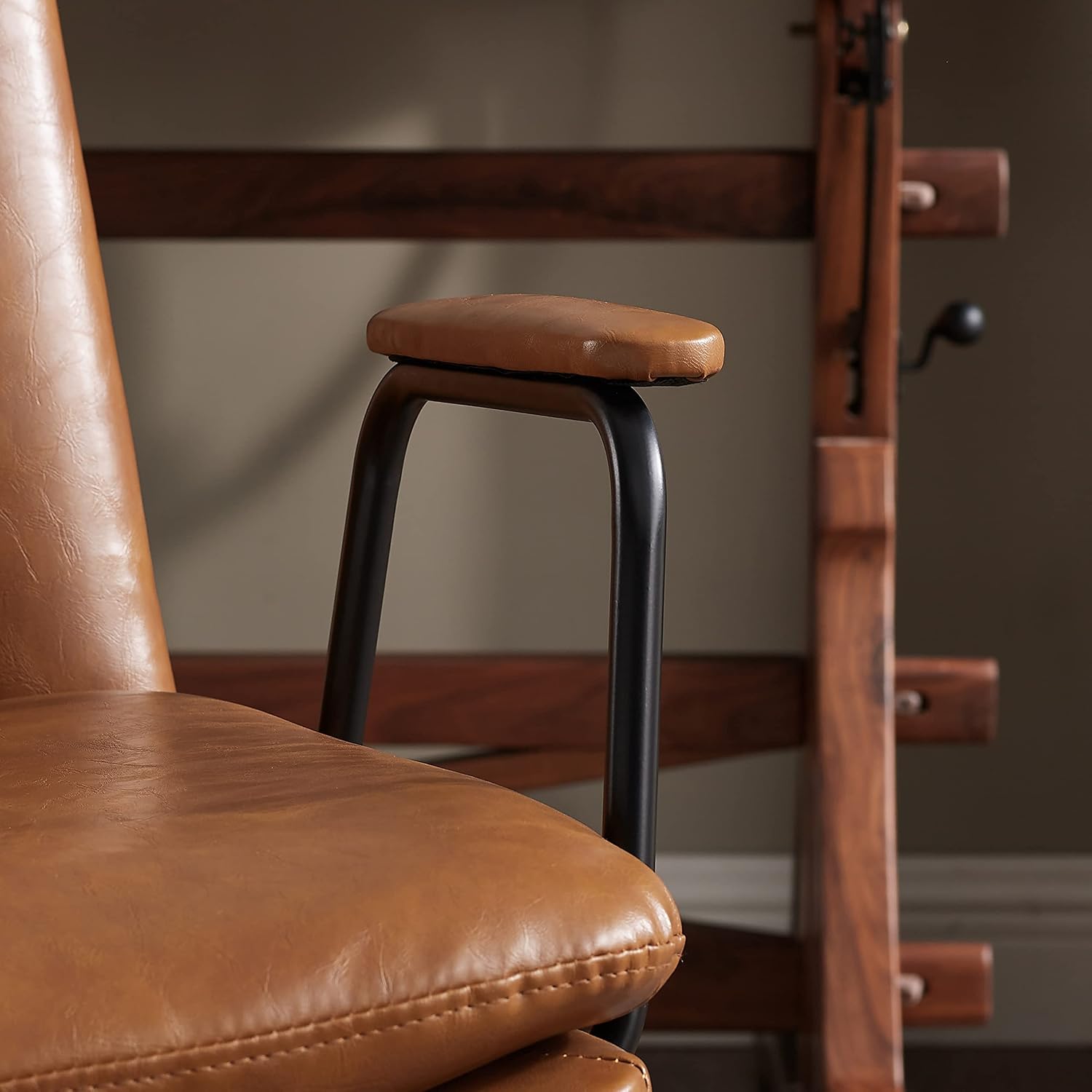 Art Leon Mid Century Modern Chair, Oak Legs Swivel Accent Chair No Wheels, Faux Leather Armchair for Small Spaces Home Office Living Room Bedroom, Yellow Brown