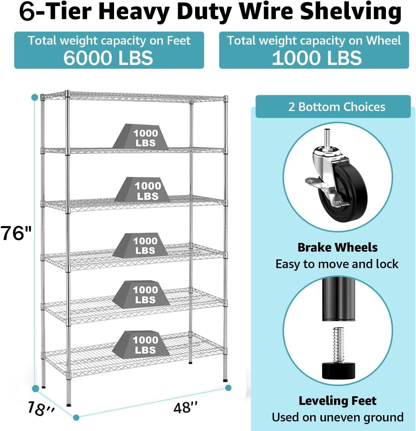 Upgraded 6000Lbs Capacity Wire Rack Shelving Unit 6 Tier Storage Shelves NSF Certified Metal Shelves Heavy Duty Storage Rack with Wheels, Commercial Grade Utility Shelf, 48"x 18"x 76", Chrome