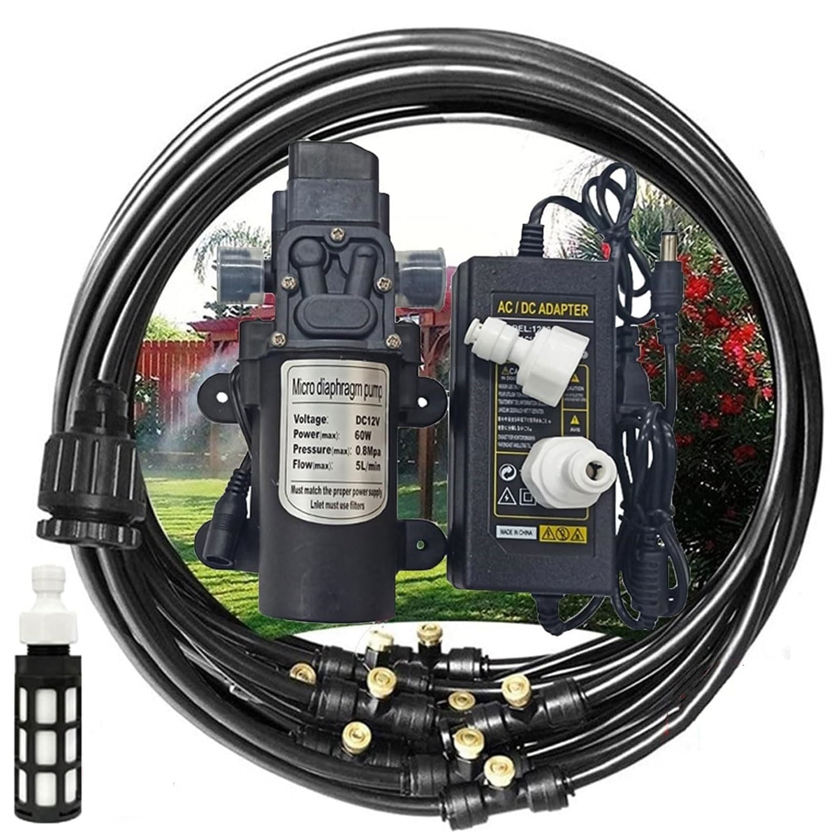 Genérico Kit Nebulizadores para Terrazas con Bomba de 12V, Sisteme de Nebulizacion para Exteriores jardín Pergola, Kit de Sisteme de Enfriamiento por Nebulización(Size:6M(19.6ft))