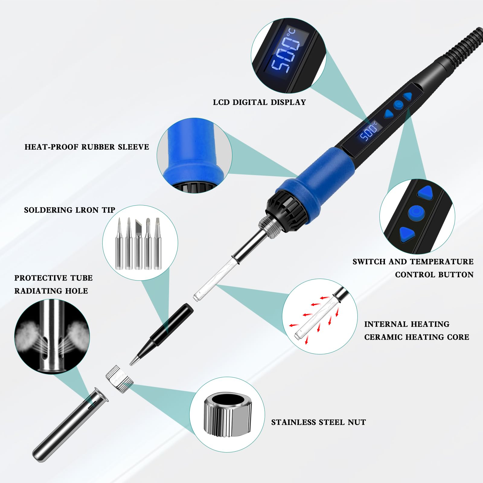 Zestaw do lutowania, wyświetlacz LED 90 W, zestaw do lutowania regulowanej temperatury z automatycznym trybem uśpienia, zawiera 5 końcówek, kabel lutowniczy, wspornik, topnik, profesjonalne narzędzie