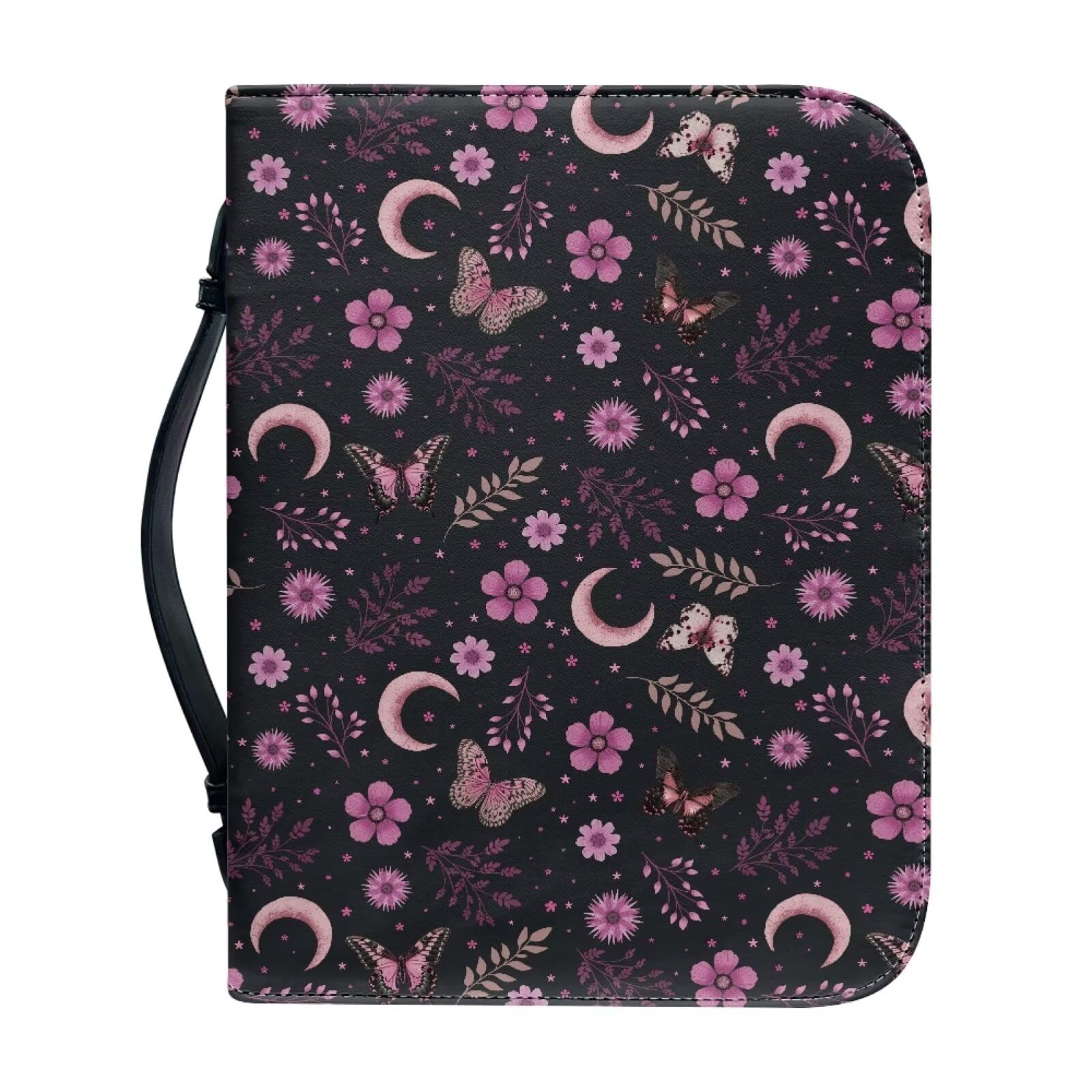 Ceudet Moon Butterfly and Lavender Bible Covers for Women Book or Bible Carrying Case Handle PU Leather Pink Flowers Bible Case Bag Church Bag Scripture Bag Case Gift for Christian,XL