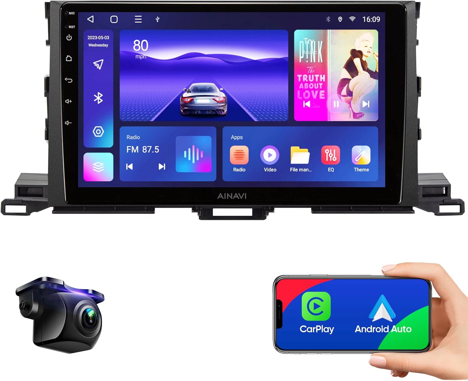 AINAVI 10.2-inch Android 12 Car Stereo Head Unit installed in a car dashboard