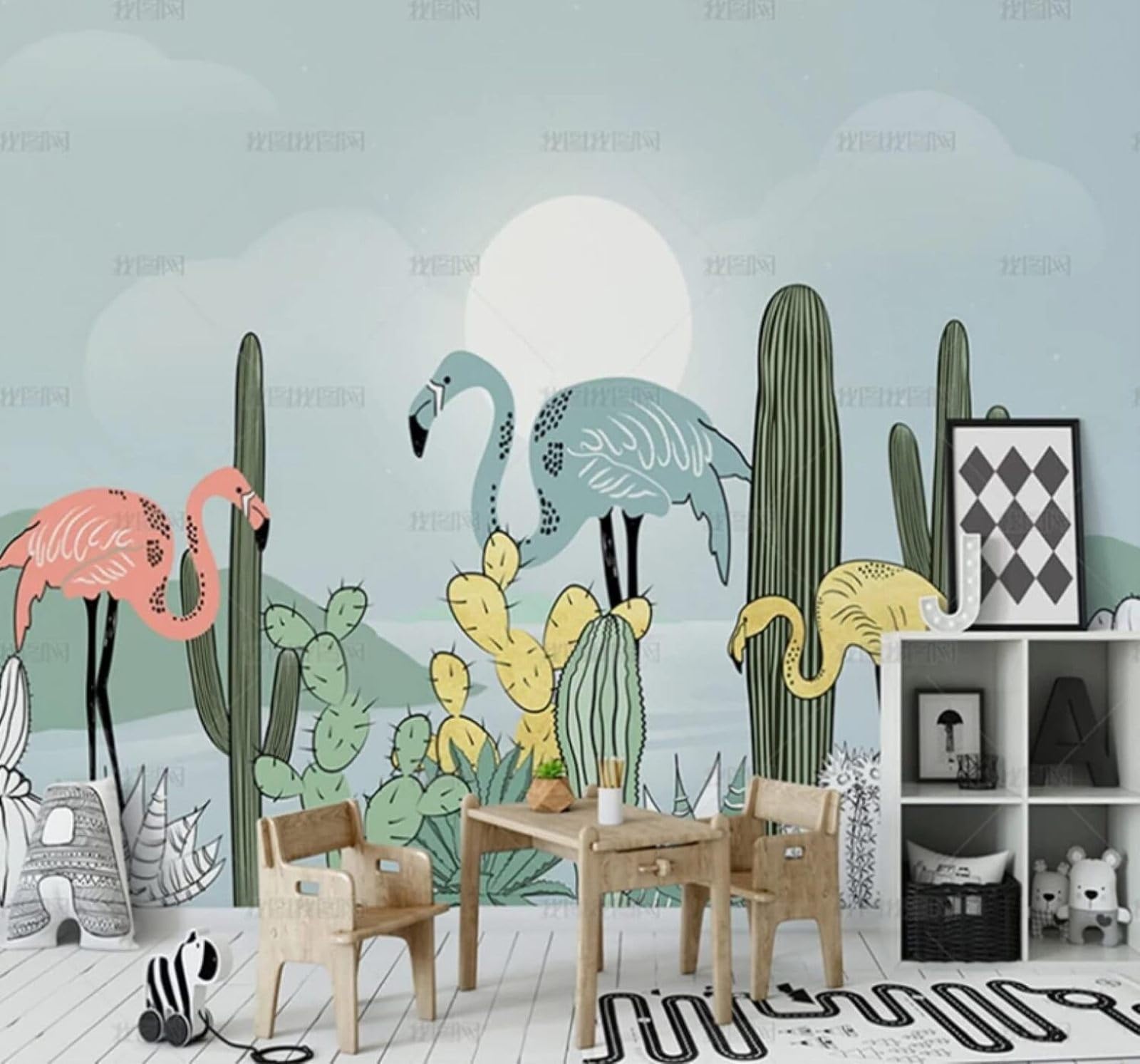 Xlming 150Cm×105Cm(B×H) Fresh Tropical Plants Cacti Flamingos 3D Wallpaper Luxury Silk Study Dining Feature Sofa Grey Bedroom Living Room Tv Decorative Wall-150Cm×105Cm