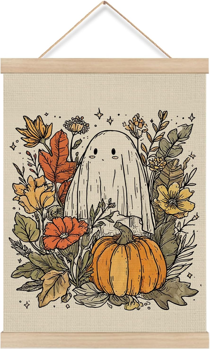 Z0FGU0 Fall Pumpkin Ghost Halloween Wall Art, Rustic Autumn Fall Floral Botanical Poster Hanger Frame, Spooky Halloween Ghost Wall Decor for Home Living Room Bedroom, 12x16 Inch