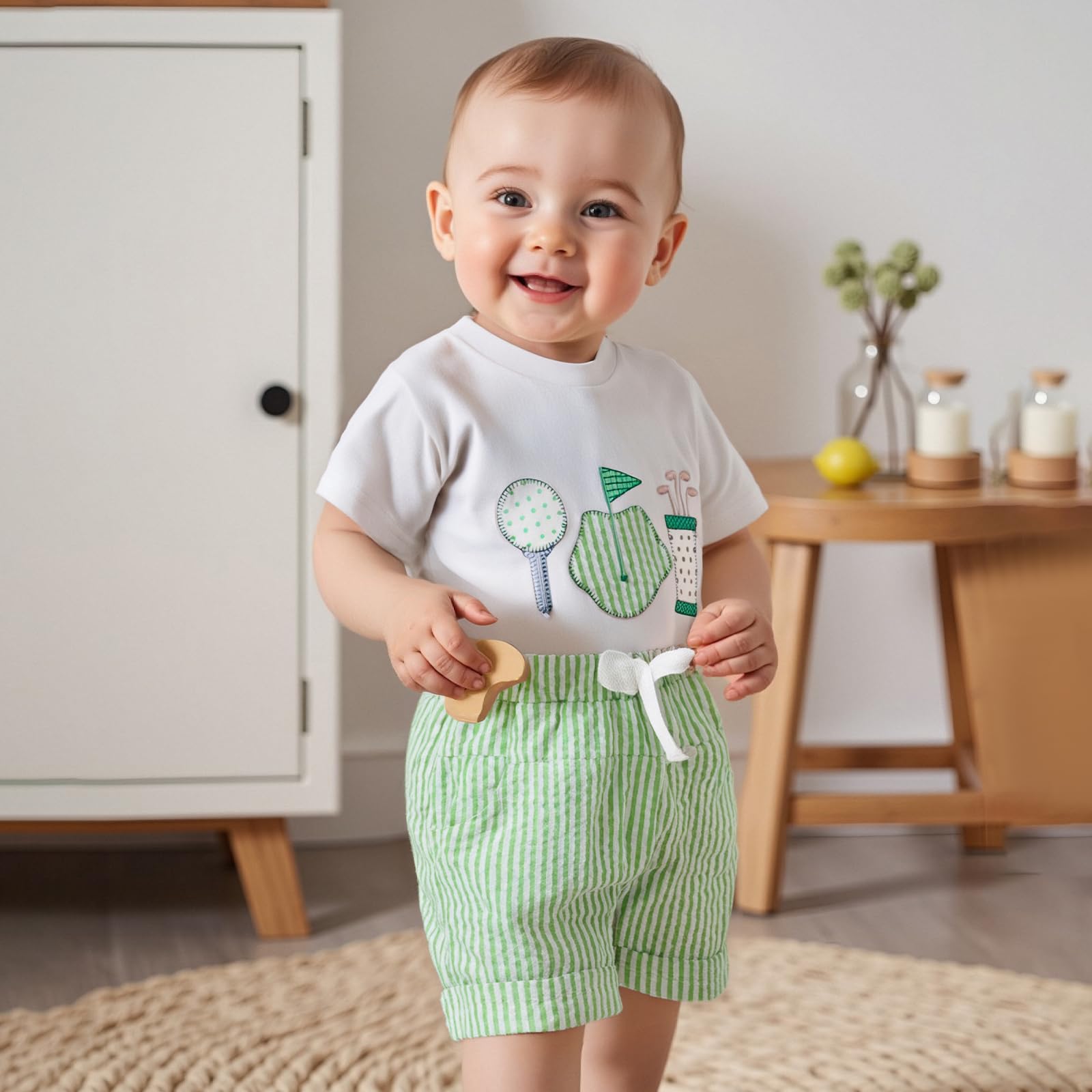Baby Boy Golf Outfit Hole in One Golf Cart Embroidered Patches T Shirt Gingham Boxer Shorts Boy Summer Sport Clothes (Green 3, 12-18 Months)