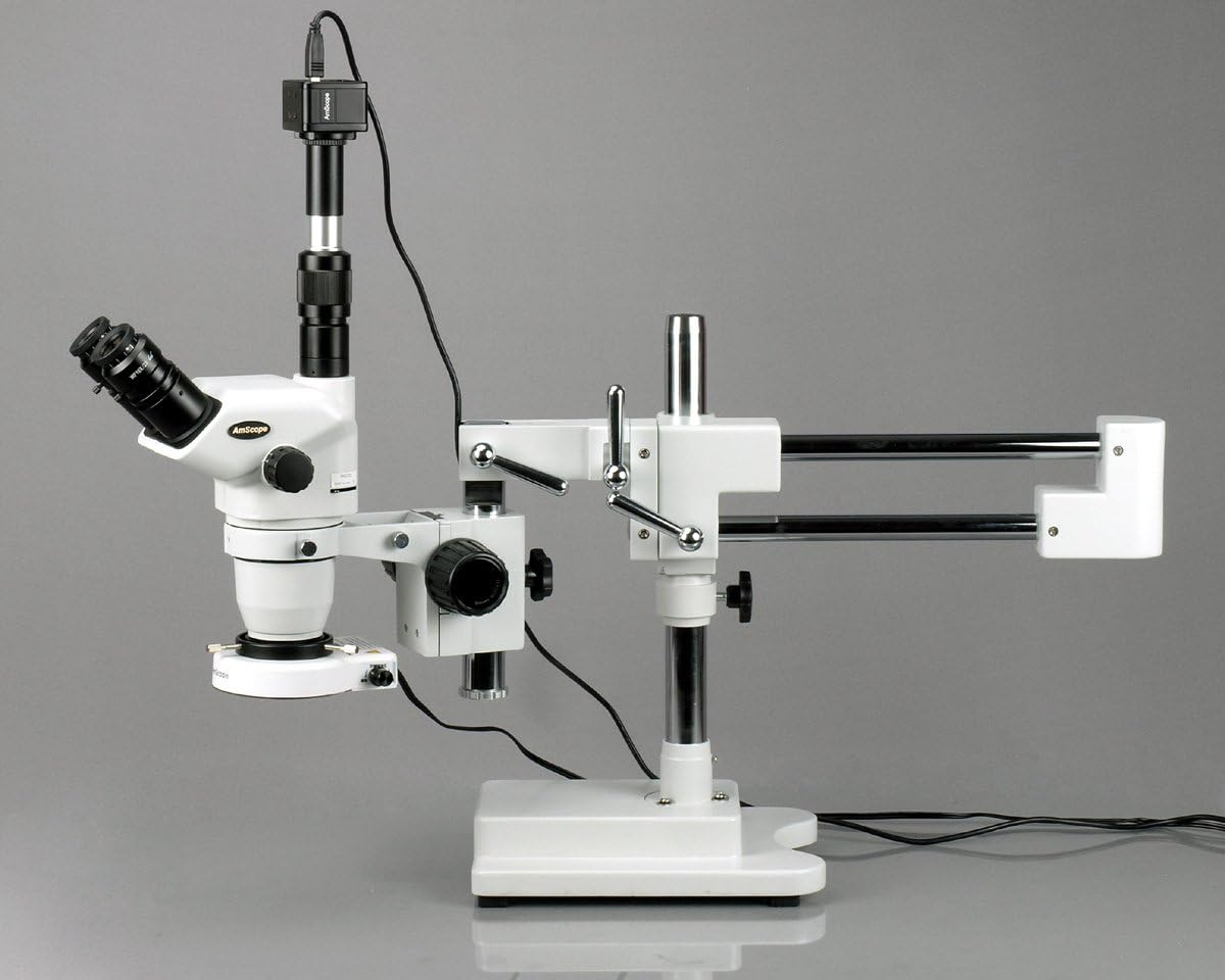 AmScope ZM-4TN3-80S-M Digital Professional Trinocular Stereo Zoom Microscope, EW10x Focusing Eyepieces, 2X-45X Magnification, 0.67X-4.5X Zoom Objective, 80-Bulb LED Ring Light, Double-Arm Boom Stand, 90V-265V, Includes 0.3X Barlow Lens, 1.3MP Camera with Reduction Lens, and Software