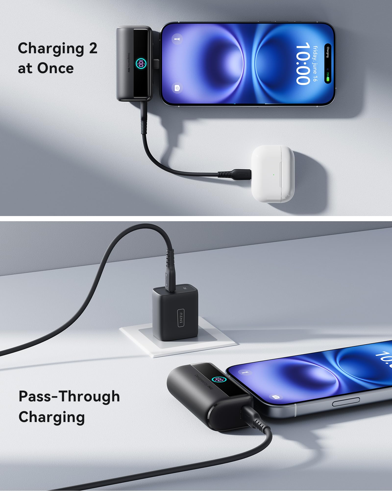 INIU Mini powerbank z szybkim ładowaniem, powerbank 5500 mAh, 22,5 W, wbudowany składany łącznik USB-C, zewnętrzny powerbank LED, kompatybilny z iPhone 16, Samsung S22/23 i innymi