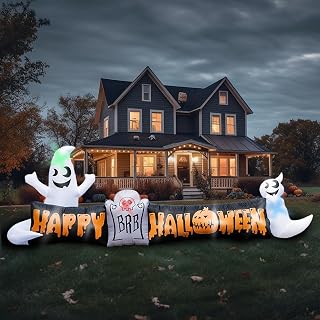 2023 Halloween Inflatables 12 FT Long Outdoor Decorations Ghosts Tombstone Happy Halloween Banner Inflatable LED Lights Halloween Inflatables Blow Up Yard Lawn Holiday Decor