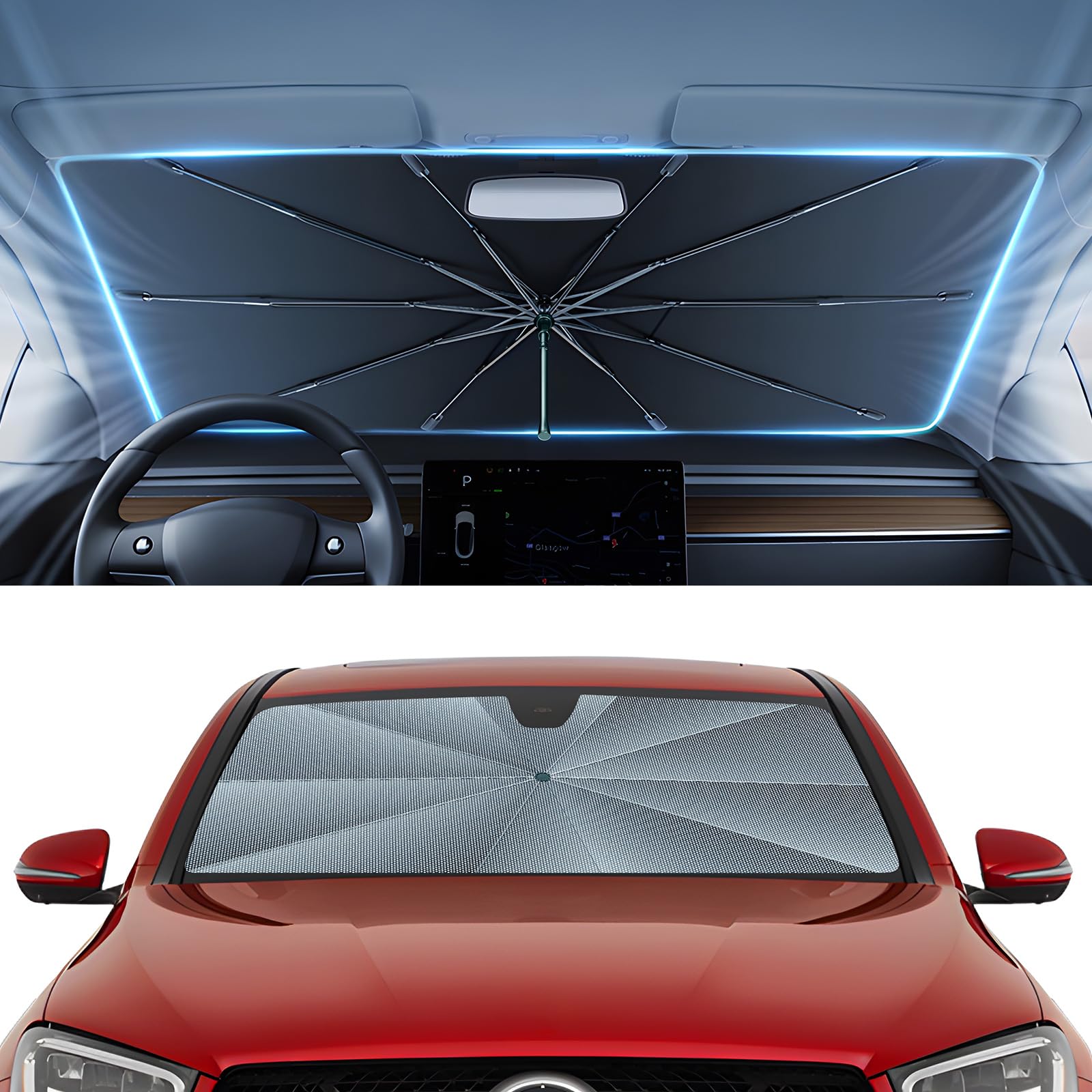 Autorder Windshield Sun Shade Umbrella for 2016-2022 Mercedes-Benz GLC Accessories,Upgraded Ice Crystal Material,Easy Setup Umbrella Sunshade for Car Windshield,100% Sun Blocking