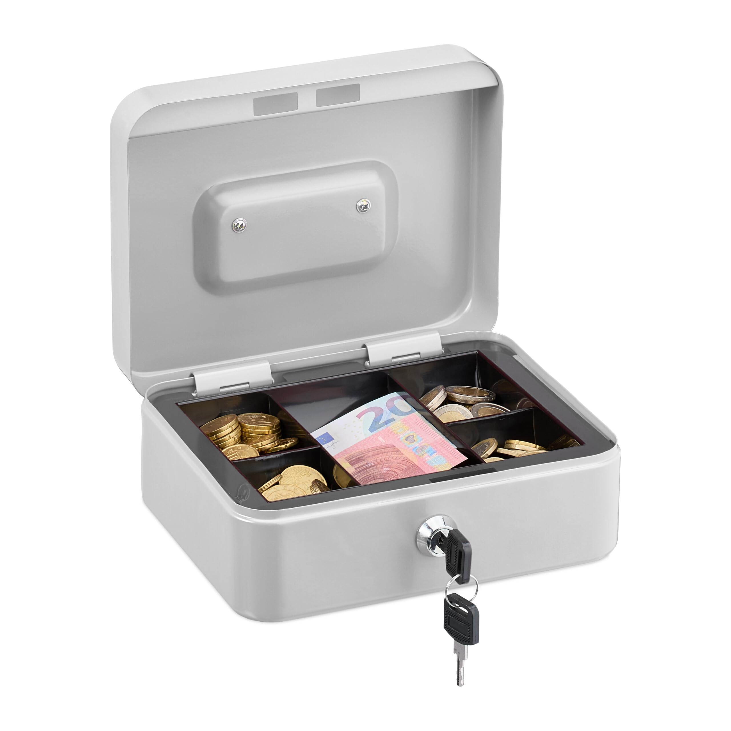 Relaxdays Cash box lockable, removable insert, 5 compartments, iron money box, HxWxD: 8.5 x 20 x 17 cm, white