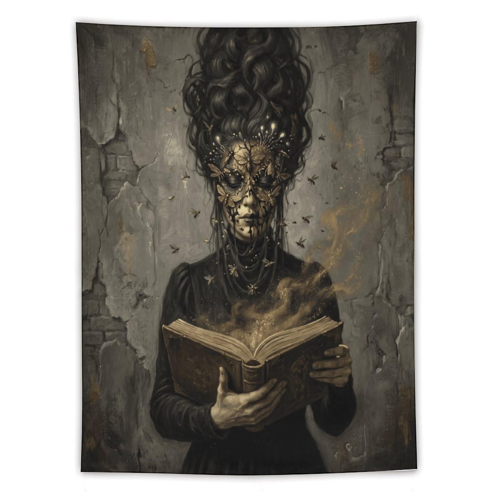 W7C8U2X3 Golden Mask Reader Wall Tapestry, Detailed Illustration, Sofa Area