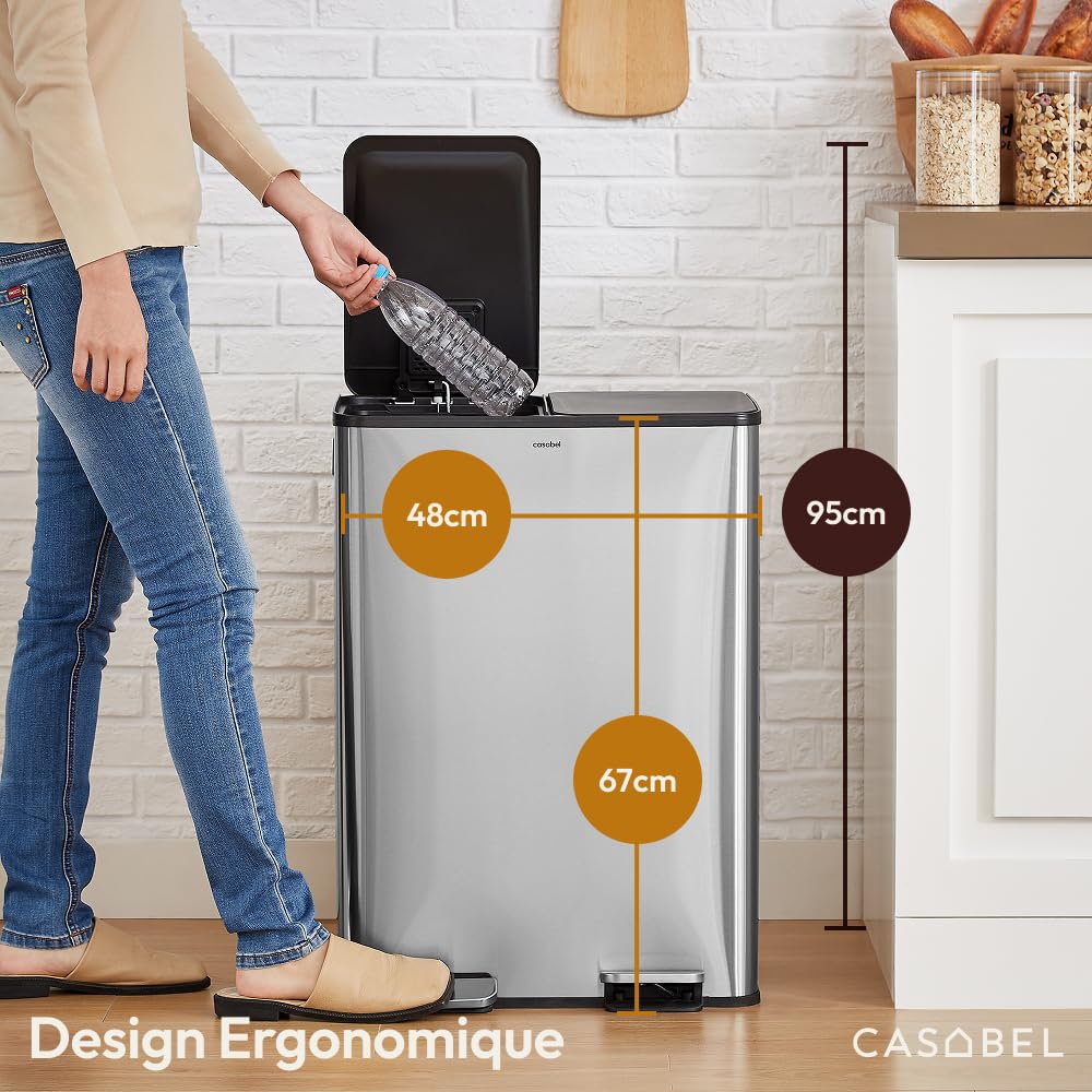 CASABEL Poubelle Cuisine Tri Sélectif 60L Acier INOX Brossé Double Compartiments