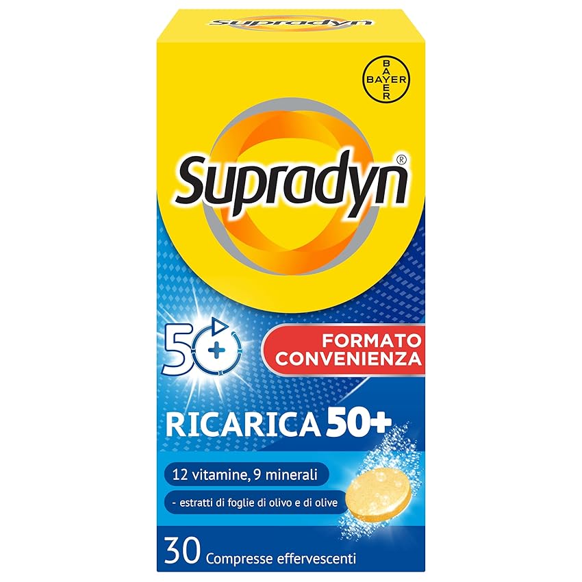 Supradyn Ricarica 50+ Integratore Multivitaminico Completo Vitamine E Minerali Con Vitamina B12, C, D, Zinco Per Stanchezza Fisica E Concentrazione Dai 50 Anni Uomo E Donna, 30 Compresse Effervescenti