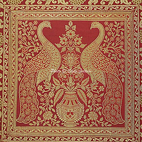 Image of Decorative Brocade Cushion Covers 16 Inch x 16 Inch Banarasi Jacquard Maroon & Gold Drawing Room Peacock Square Festive Decor 40x40 cm Zippered Sofa Settee Pillowcases -Set of 5 Pcs