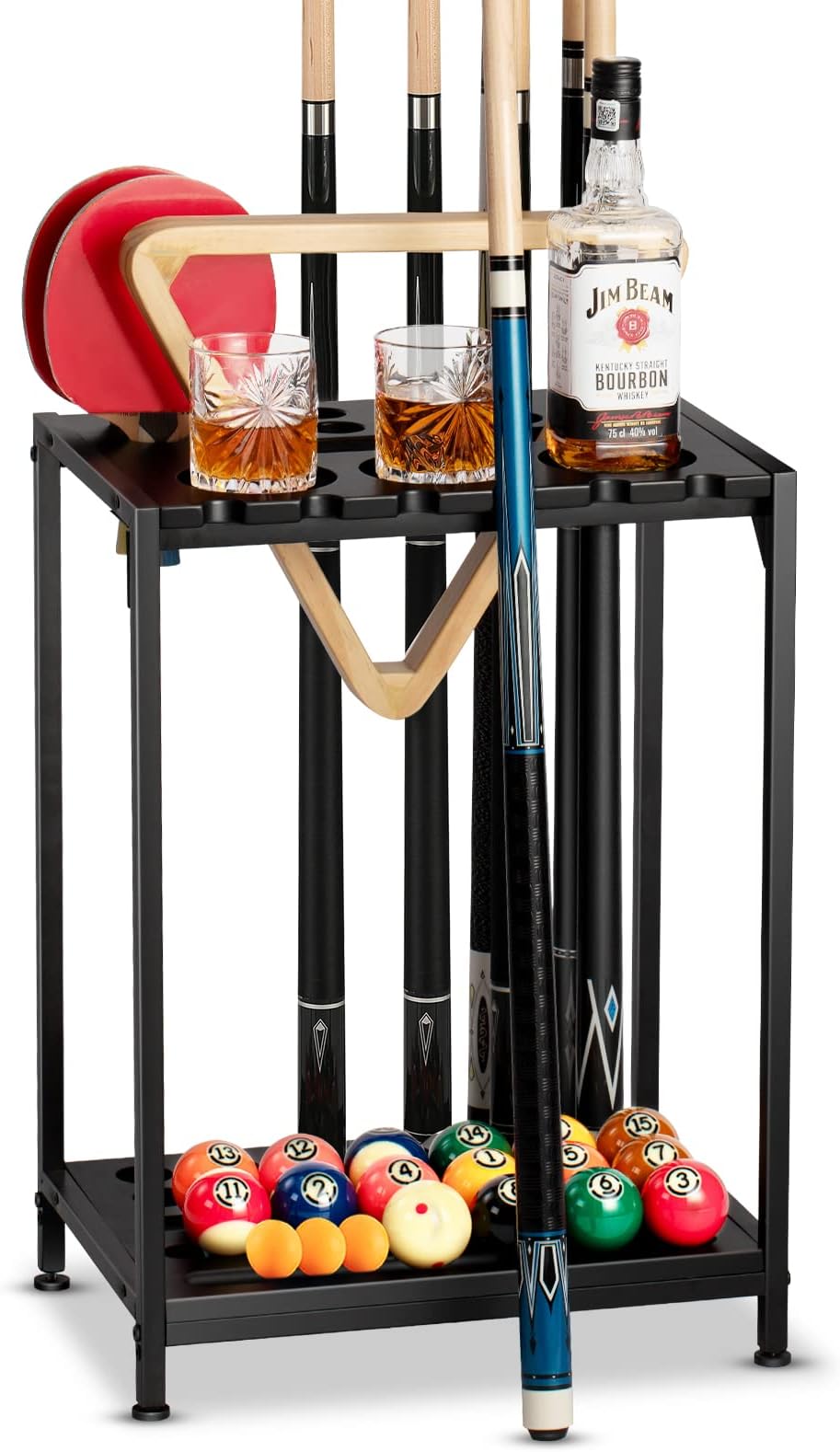 Billiards Pool Stick Holder - Pool Cue Rack Floor Stand & Ping Pong Paddle Holder Hardwood Pool Cue Holder for 12 Cues Sticks Pool Table Accessories Organizer (Black)