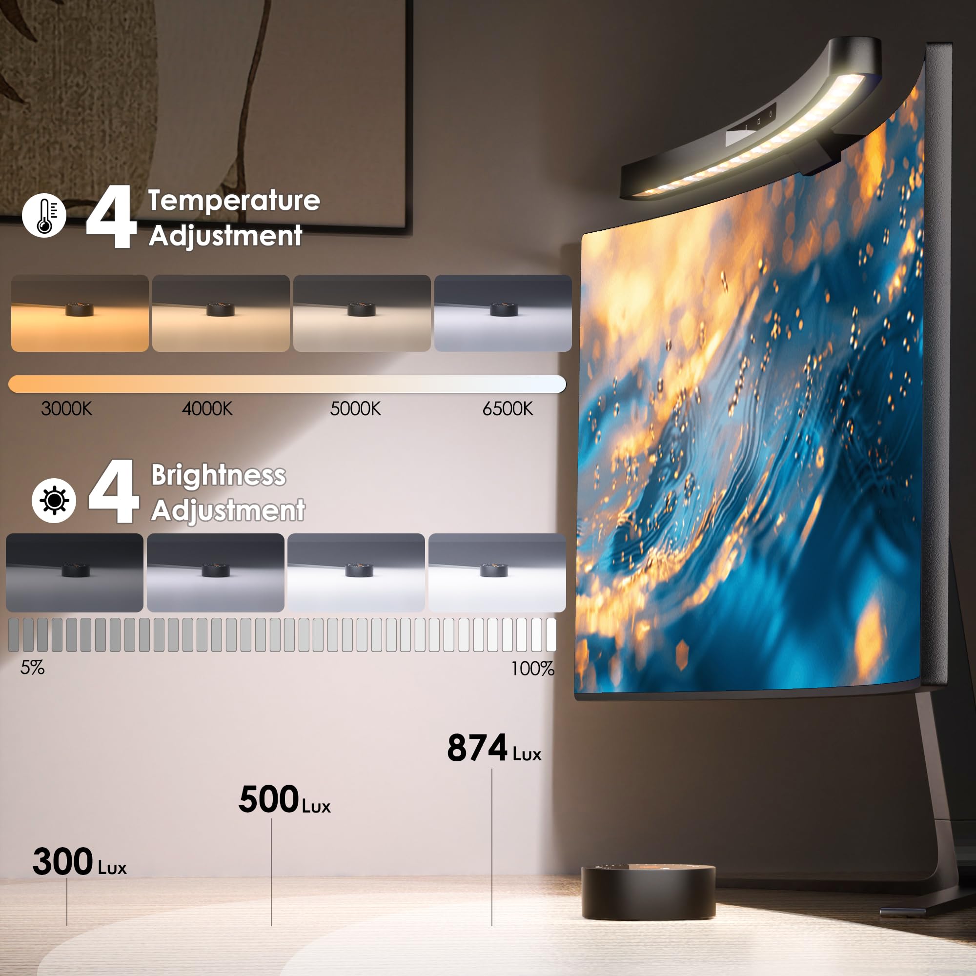 Quntis 45cm Curved Monitor Light Bar with Remote Control & Touch, Screen Light with Auto Dimming, Stepless Dimming - Image 3