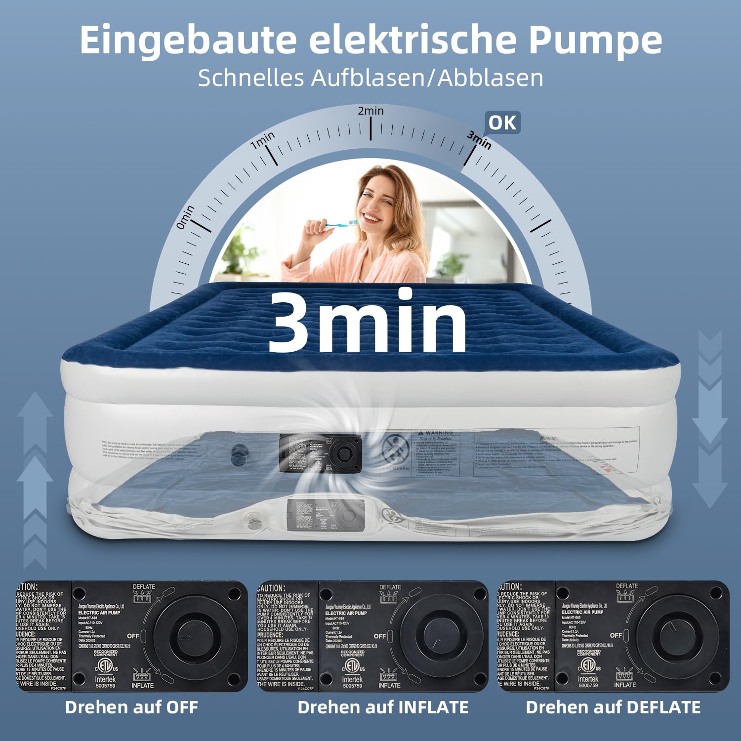 Selbstaufblasende Luftmatratze 203x152x46cm - Luftbett mit 6 Stützsäulen, 300kg Tragkraft, 48h leckgetestet, inkl. Autoluftpumpe, für Camping, Gäste, Zuhause