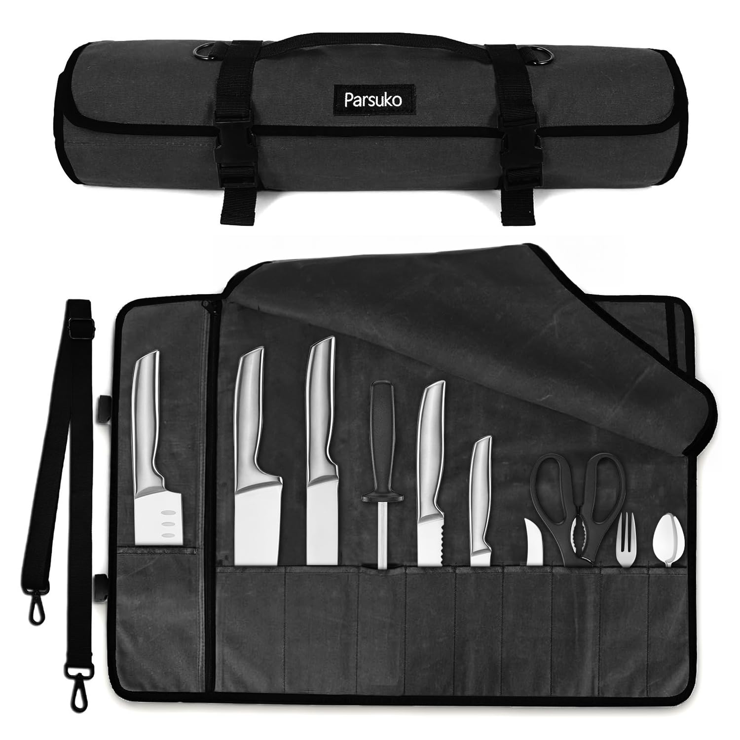 Chef Knife Roll Bag,Waterproof Waxed Canvas Knife Case Holds,Knives Roll Bags for Chefs Professional with Adjustable Strap,Chef Backpack (Black)