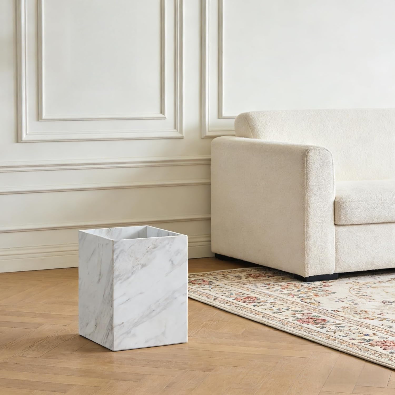 Modern Square White Marble Waste Basket, Natural Stone Bathroom Trash Can, Decorative Home Garbage Container, Beautiful Marble Look Rubbish Bin for Bathroom, Bedroom, Kitchen, Home Office