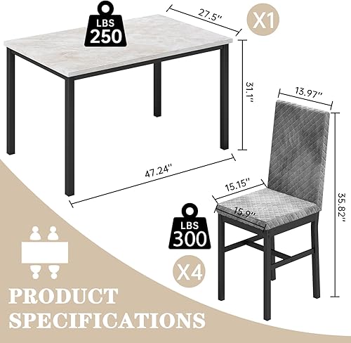 Miniatura 2 de Hooseng Juego de mesa de comedor para 4 mesas de comedor de 5 piezas de mármol sintético con 4 modernas sillas tapizadas de terciopelo para espacios