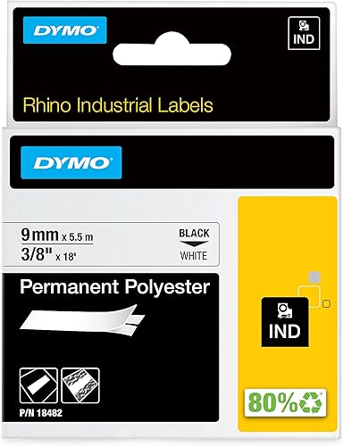 DYMO Etiquetas permanentes industriales de poliéster Rhino 38" impresión negra en cinta blanca