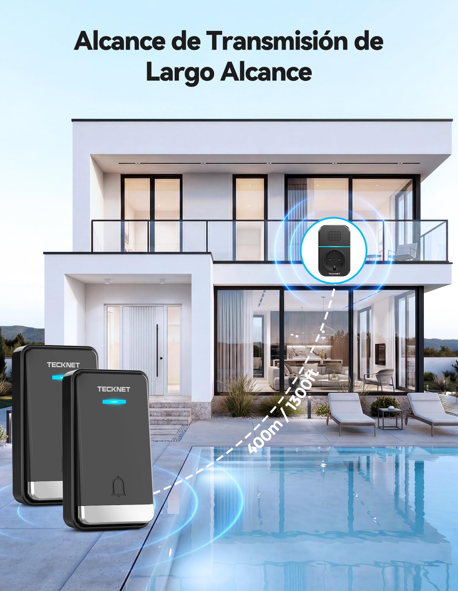 TECKNET Timbre Inalámbrico Kit, 400M Timbre Inalámbrico Autoalimentado | IP65 Kit de Timbre con 2 Transmisores, 5 Niveles de Volumen Doorbell con Puertos USB Externos y luz LED, 60 Melodías