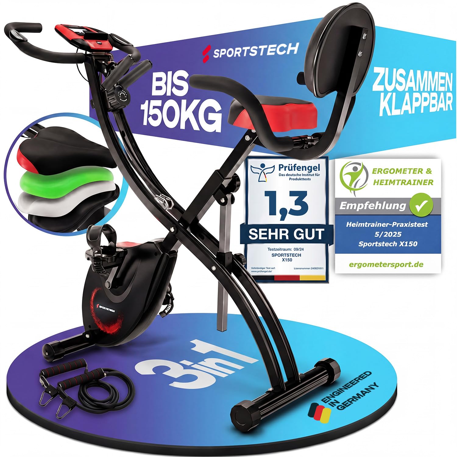 Sportstech Heimtrainer Fahrrad Klappbar X150 — 3in1 mit Liegeergometer