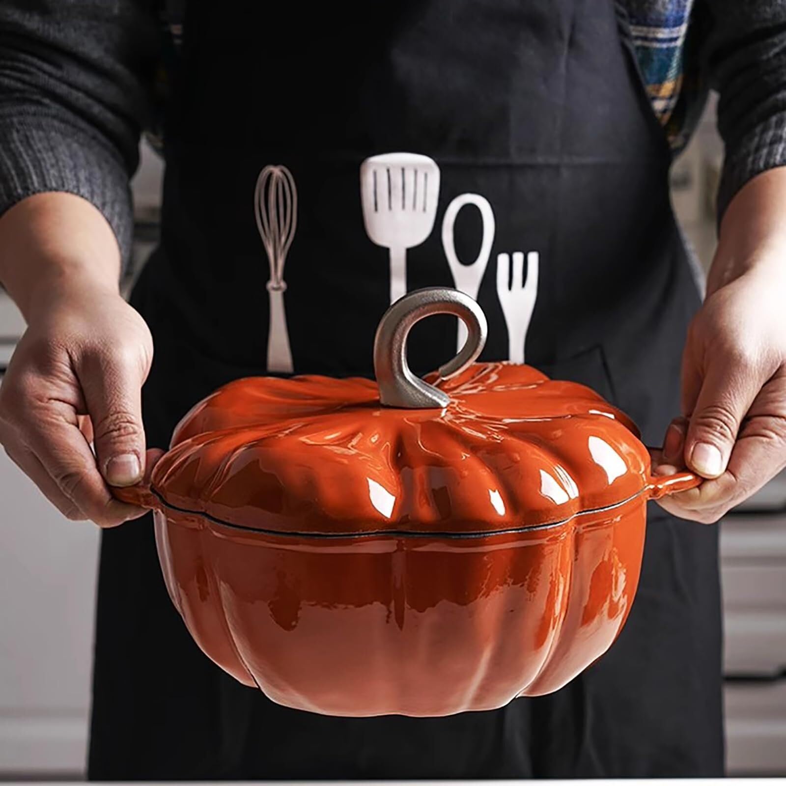 Pumpkin Cocotte Dutch Oven Pot with Lid,Enamel Cast Iron Cooking Non Stick Pumpkin Stew Soup Pot,Serves 3-5,Halloween Thanksgiving Decor Pot Gift(Orange)