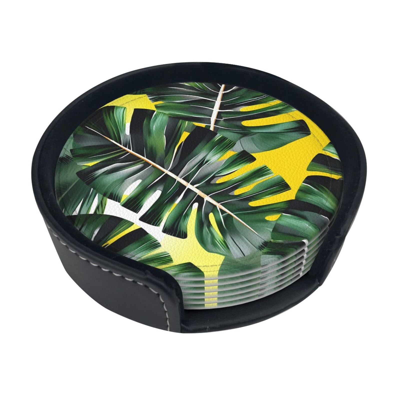 Tropical Banana Palm Leaves Print Round Coasters Set Of 6,Coaster For Tabletop Protection Home Bar Decor