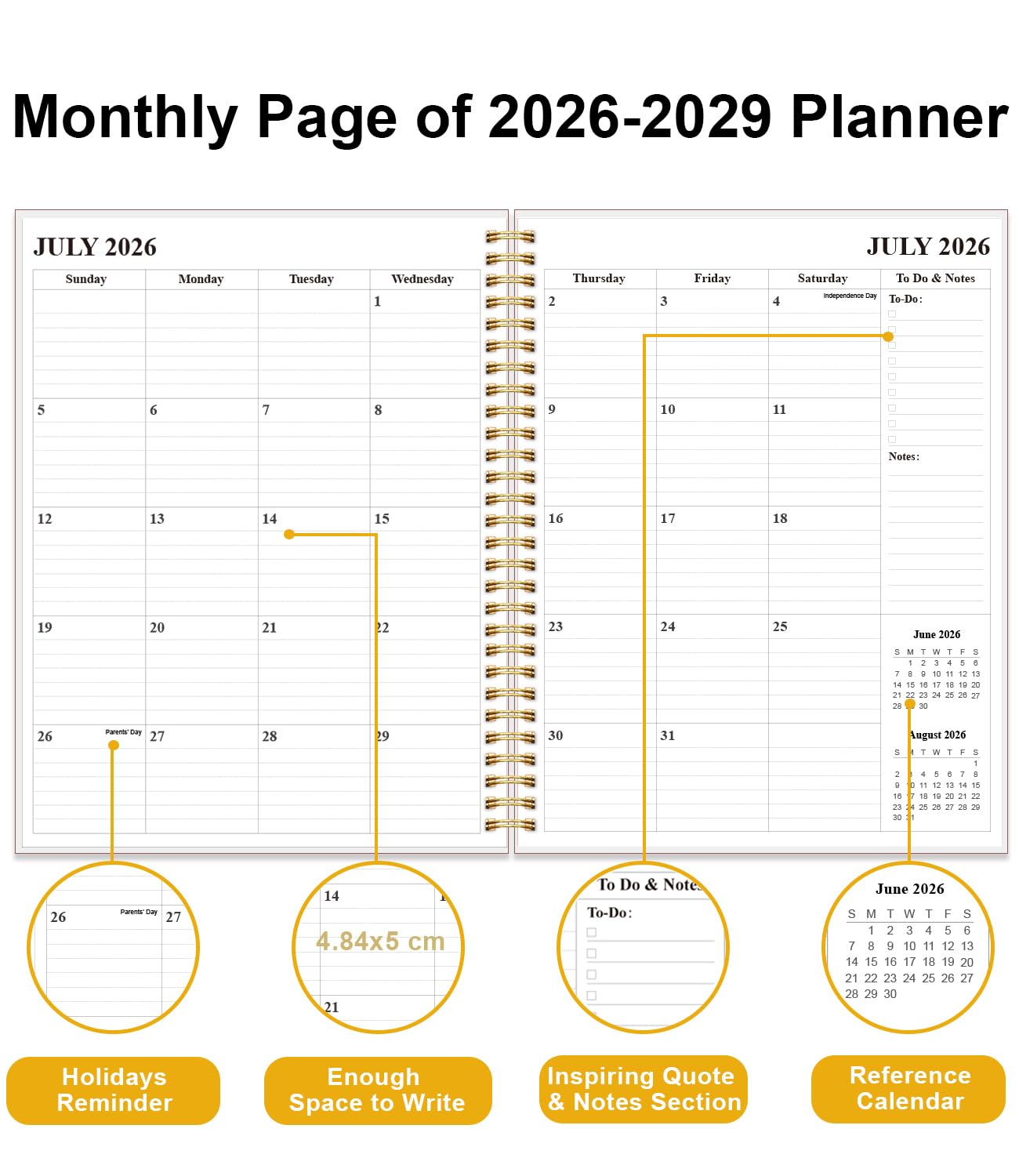 Planer miesięczny na rok 2026-2028, trzyletni kalendarz od stycznia 2026 do grudnia 2028 r., z wiązaniem spiralnym, kieszenią wewnętrzną, elastycznym zamknięciem, planer 36-miesięczny do domu, szkoły
