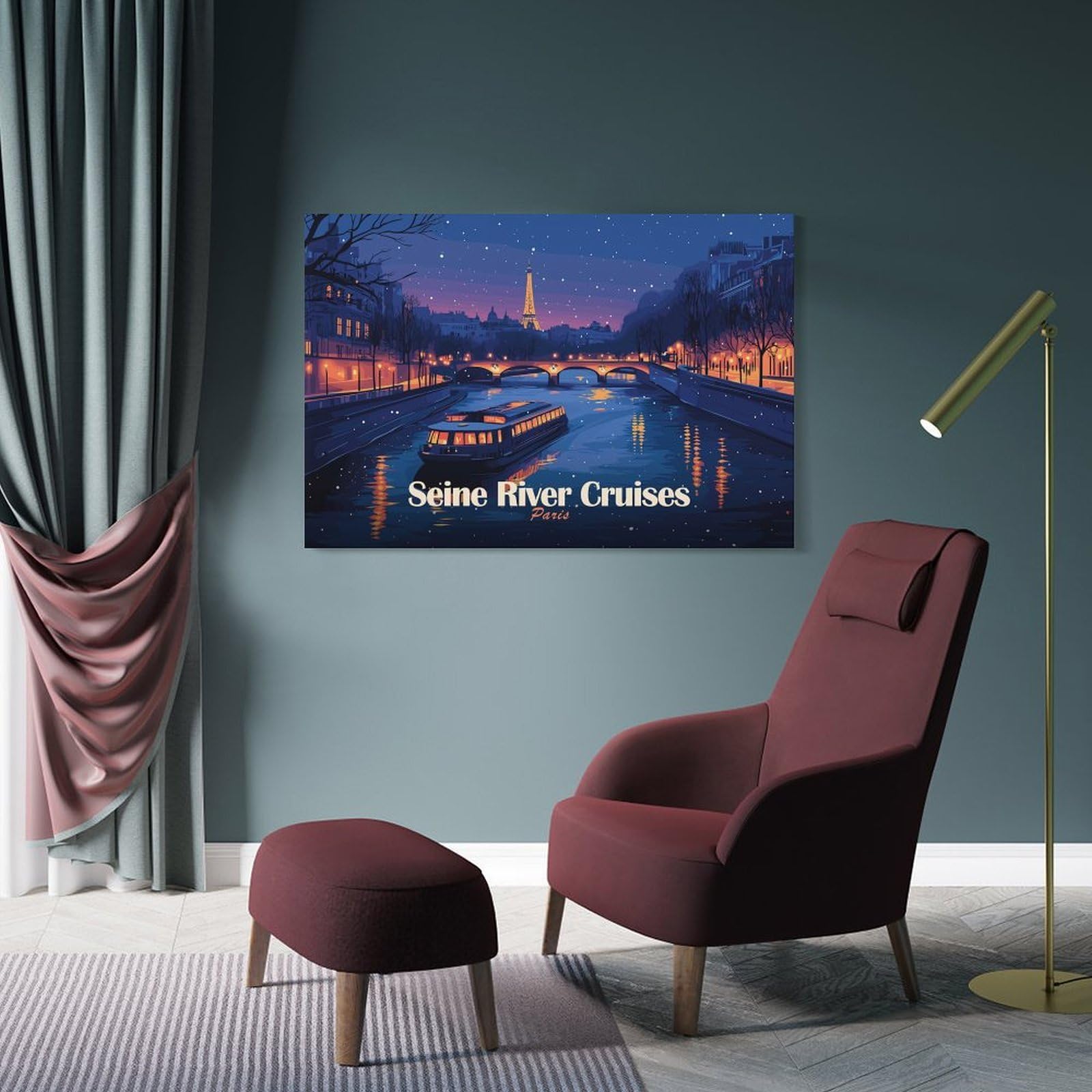 Junmoney Frame-Style-22-1-1 Canvas Art Print Seine River Cruises Paris Night, 20X30inch(50X75cm), For Office, Study Or Home Workspace, Wall Art That Adds Style To Work Areas