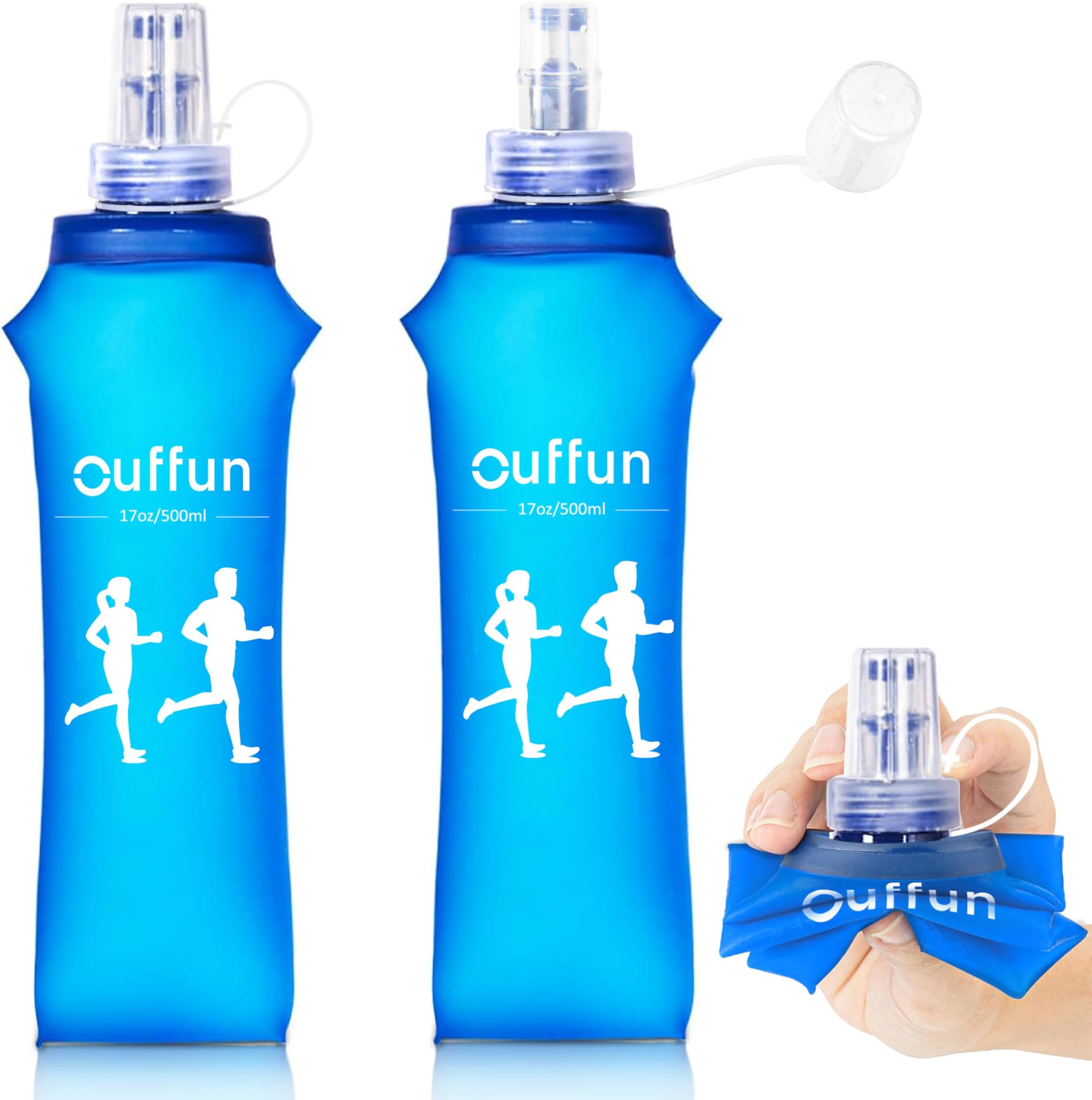 2 Pack Soft Water Bottle, TPU Collapsible Flask Foldable Bottles for Hydration Pack, BPA-Free, Running Lightweight Water Bottle for Outdoor Sports like Hiking Cycling Climbing Running (17OZ/500ml)