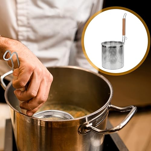Miniatura 7 de Angoily Cesta de malla para pasta, colador de alimentos con mango redondo de madera, malla de acero inoxidable, colador de araña para pasta, fideos,