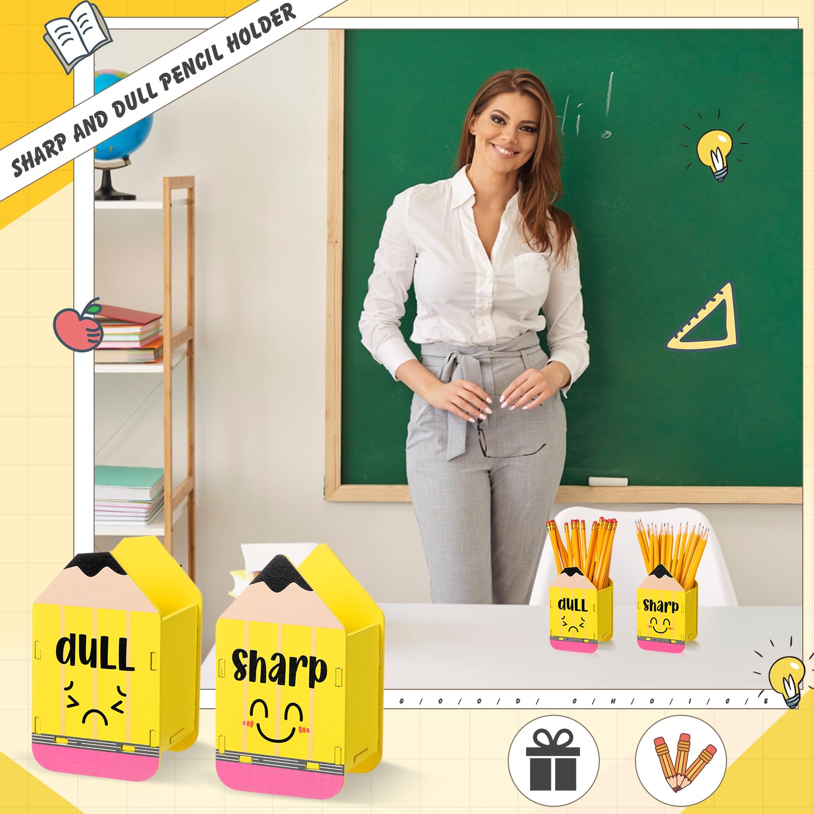 DoubleFill 2 soportes para lápices con forma de lápiz, afilado y opaco, dispensador de lápices de madera, organizador de almacenamiento para profesores, organización de gestión del aula (lindo)