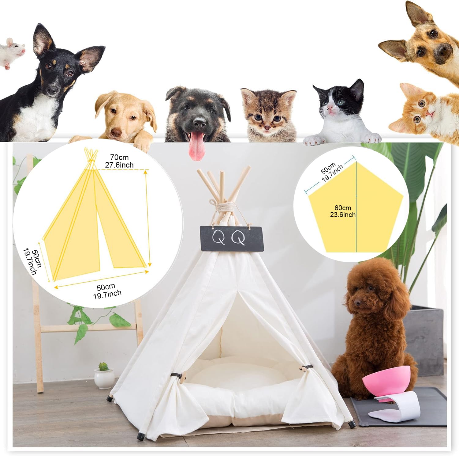 Tipi pour animal domestique 50 x 50 x 60 cm Lit pour chien et chat avec coussin amovible lavable tableau noir facile à assembler